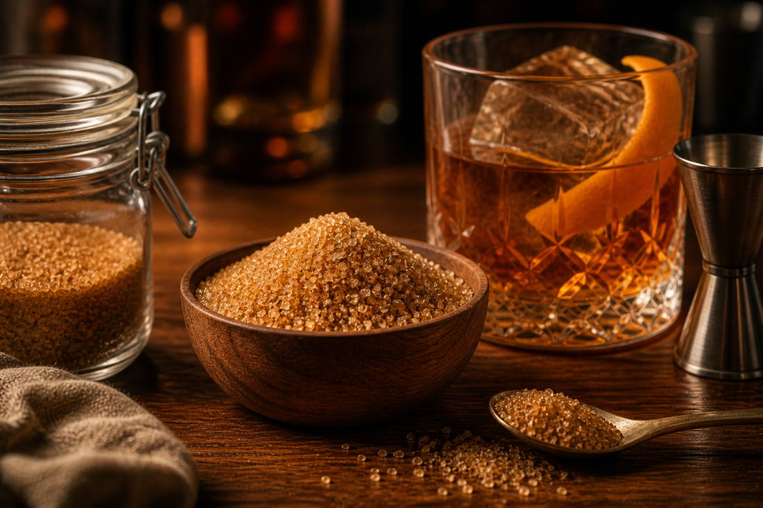 Demerara sugar crystals in a wooden bowl with whiskey cocktail and bar tools in a warm kitchen bar setting illustrating cocktail ingredient use