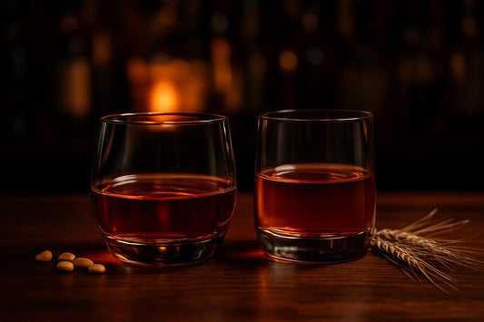 Side-by-side bourbon and rye whiskey pours on a dark bar, illustrating the difference between rye and bourbon