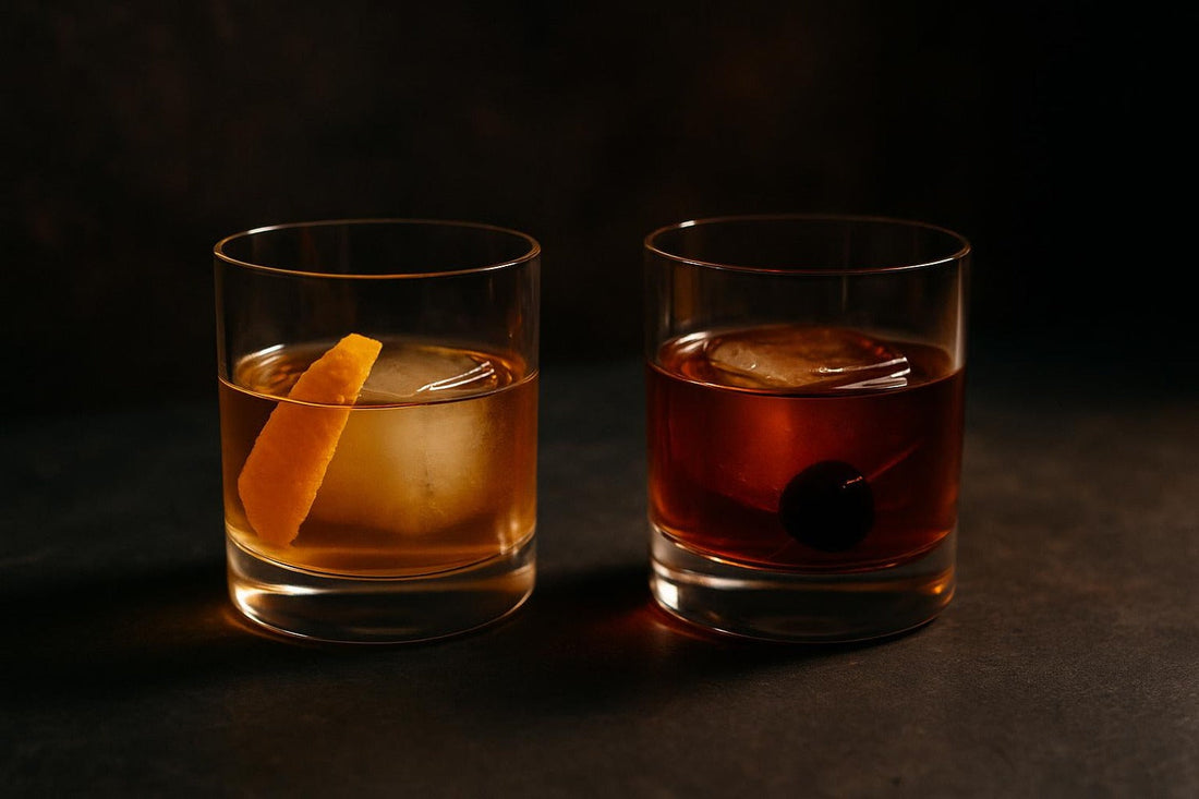 Dry Old Fashioned beside a sweet version showing color difference — calibrating sweetness