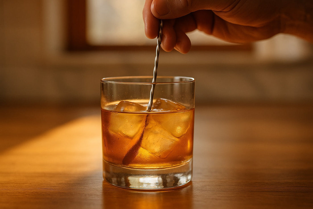 Elderflower Old Fashioned cocktail served in a rocks glass on a kitchen counter, warm editorial lighting, with a hand visible in the composition
