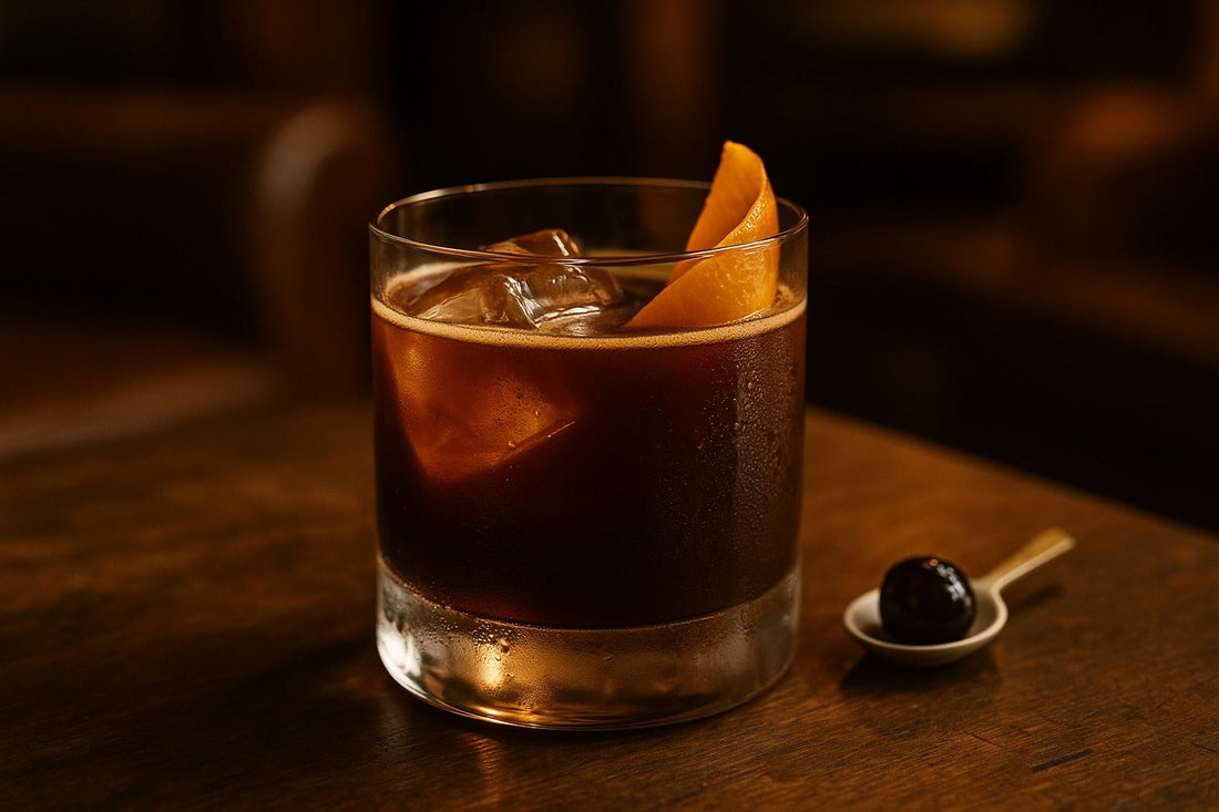 Espresso Old Fashioned cocktail served in a rocks glass on a lounge, warm editorial lighting