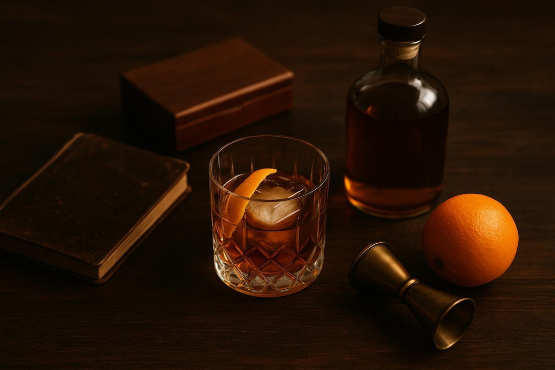 Father's Day Old Fashioned gift contents — crystal glass, leather notebook, cigar box, whiskey, jigger