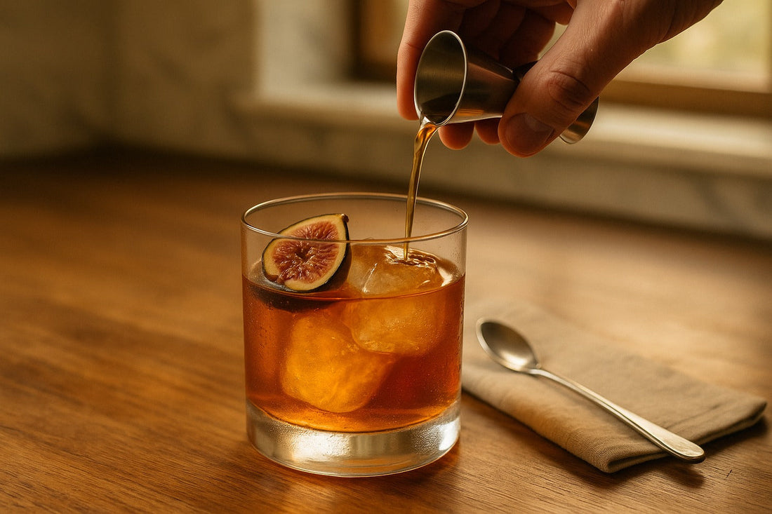 Fig Old Fashioned cocktail served in a rocks glass on a kitchen counter, warm editorial lighting, with a hand visible in the composition