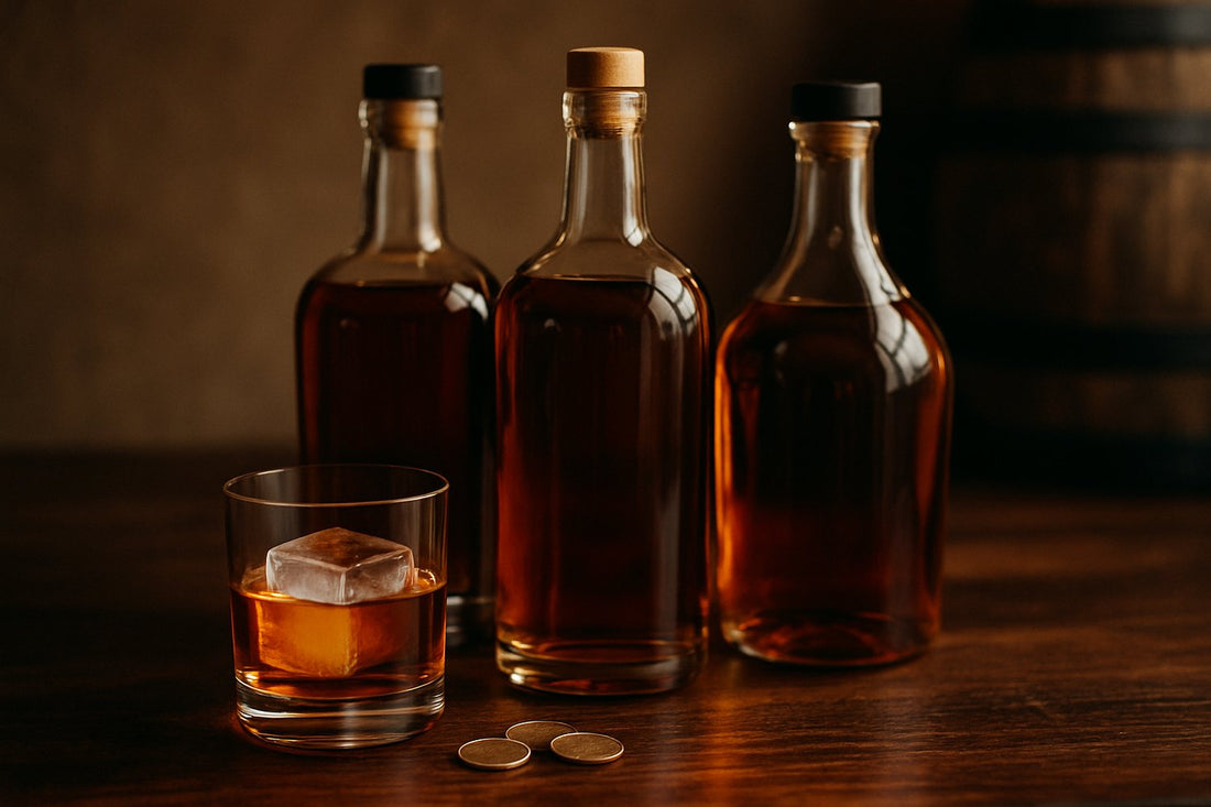 Affordable rye whiskey bottles and a glass on a dark wood bar