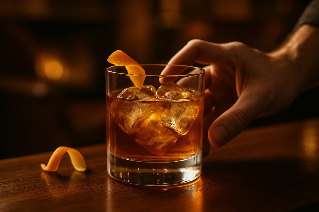 Gin Old Fashioned cocktail served in a rocks glass on a lounge, warm editorial lighting, with a hand visible in the composition