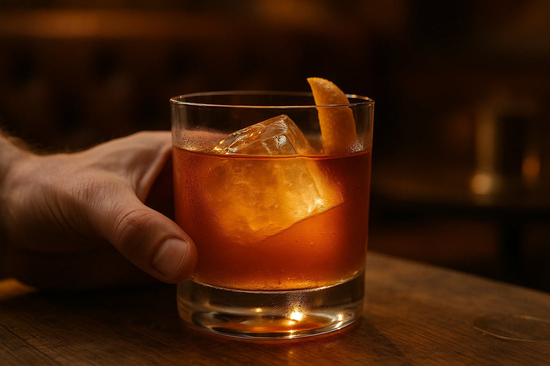 Ginger Old Fashioned cocktail served in a rocks glass on a lounge, warm editorial lighting, with a hand visible in the composition