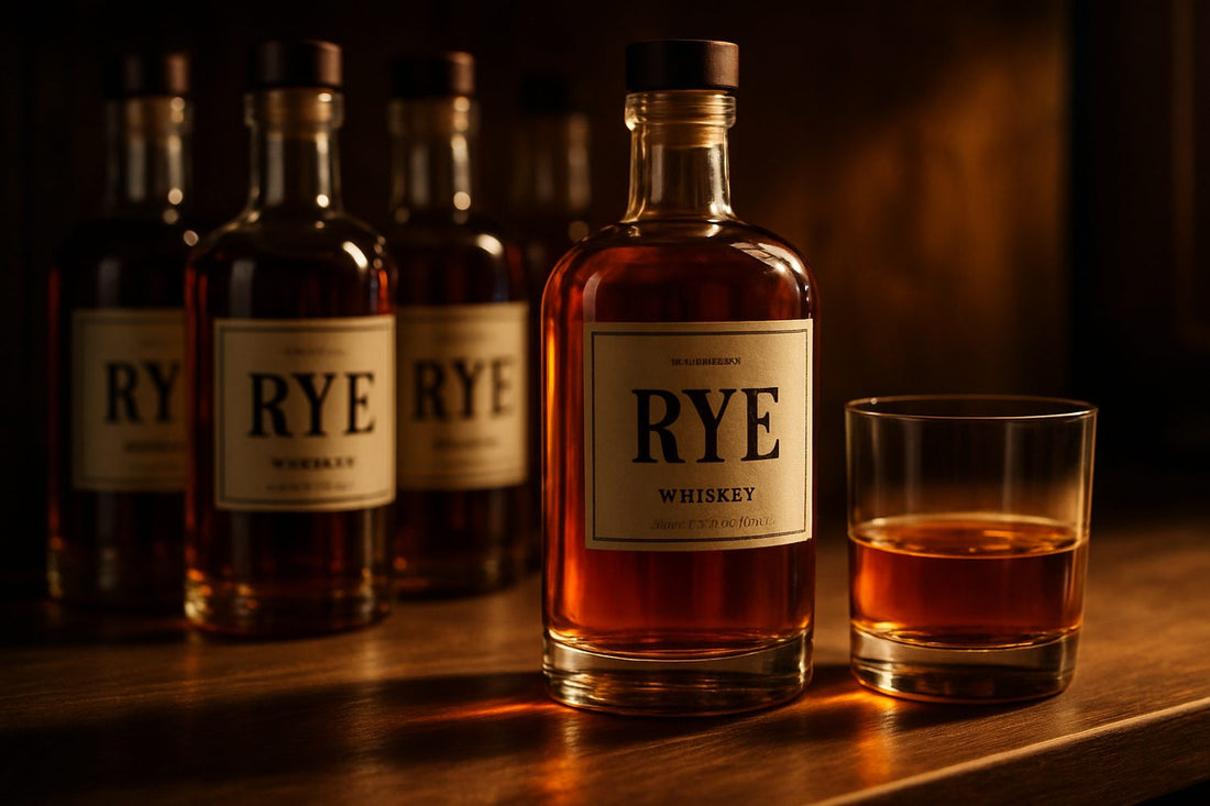A lineup of premium rye whiskey bottles on a dark home-bar shelf with a neat pour of rye in a rocks glass