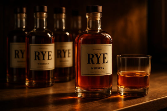 A lineup of premium rye whiskey bottles on a dark home-bar shelf with a neat pour of rye in a rocks glass
