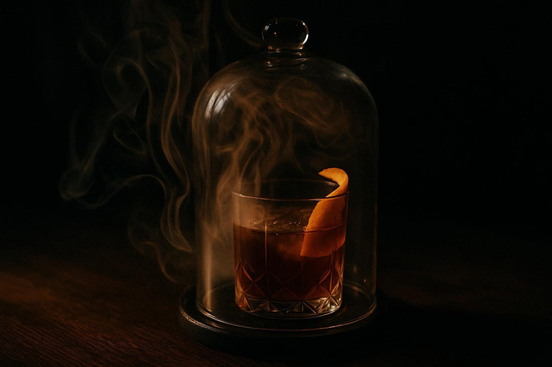 Smoked Old Fashioned under cloche with dramatic cherry-wood smoke — Halloween theatrical recipe