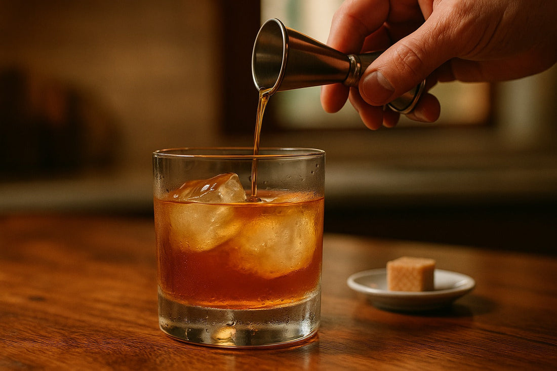 Honey Old Fashioned cocktail served in a rocks glass on a kitchen counter, warm editorial lighting, with a hand visible in the composition