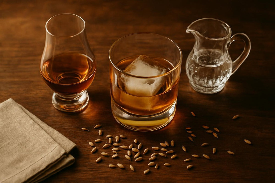 Rye whiskey served neat in a Glencairn, on the rocks, and with a splash of water on a walnut bar top