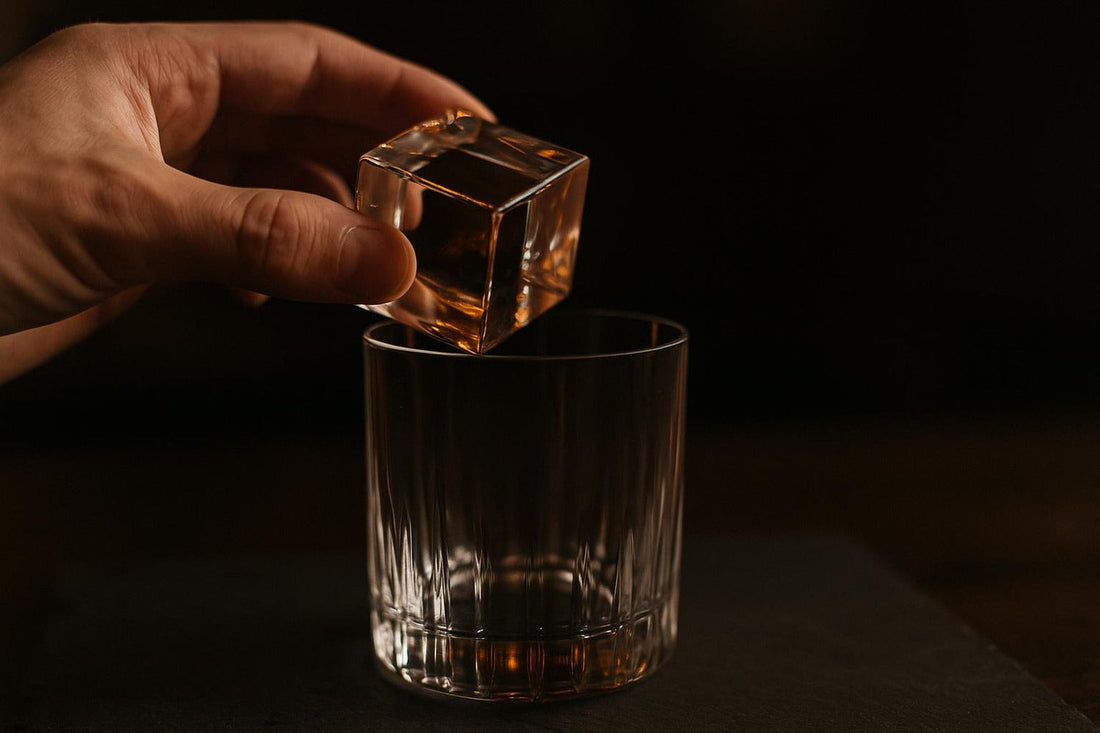 Hand holding a perfectly clear 2-inch ice cube above a rocks glass — how to make clear ice