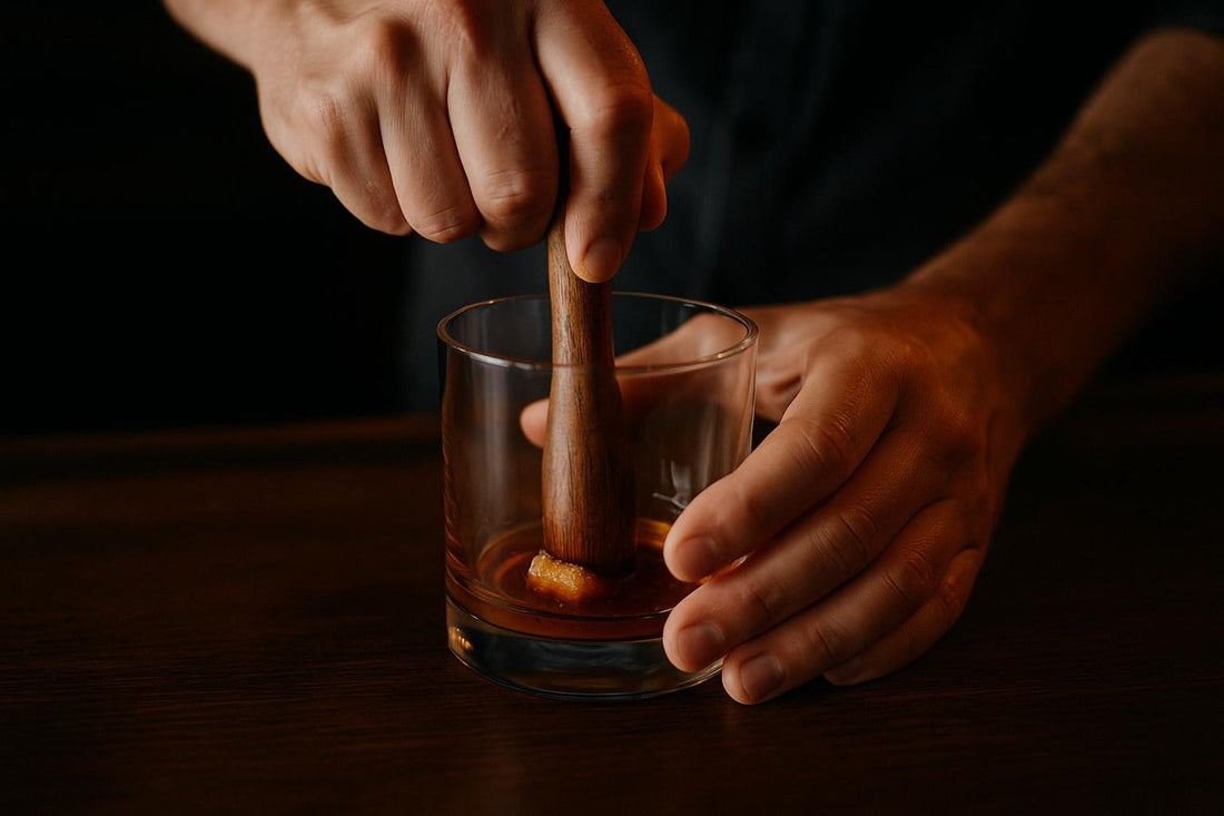 Hands muddling sugar cube and bitters with wooden muddler — how to muddle for Old Fashioned
