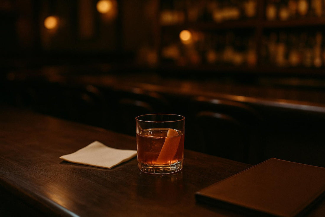 Old Fashioned on a mahogany bar from customer's view with leather menu — how to order an Old Fashioned