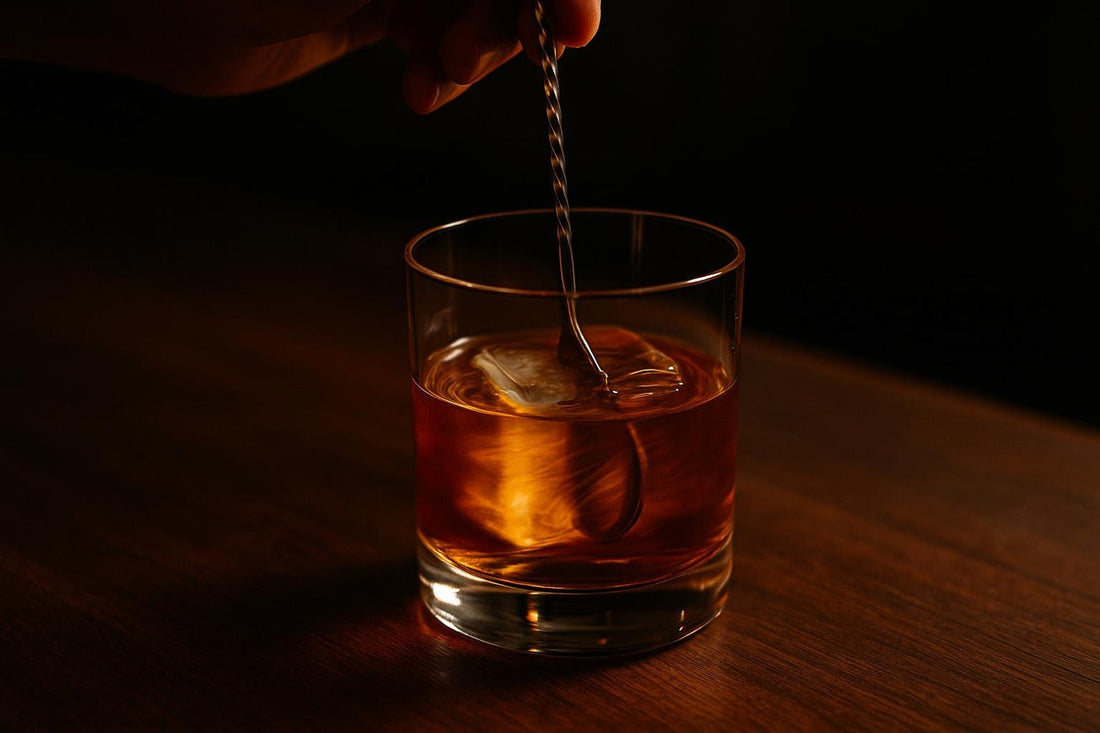 Long bar spoon mid-stir in a rye Old Fashioned with large clear ice cube — how to stir an Old Fashioned