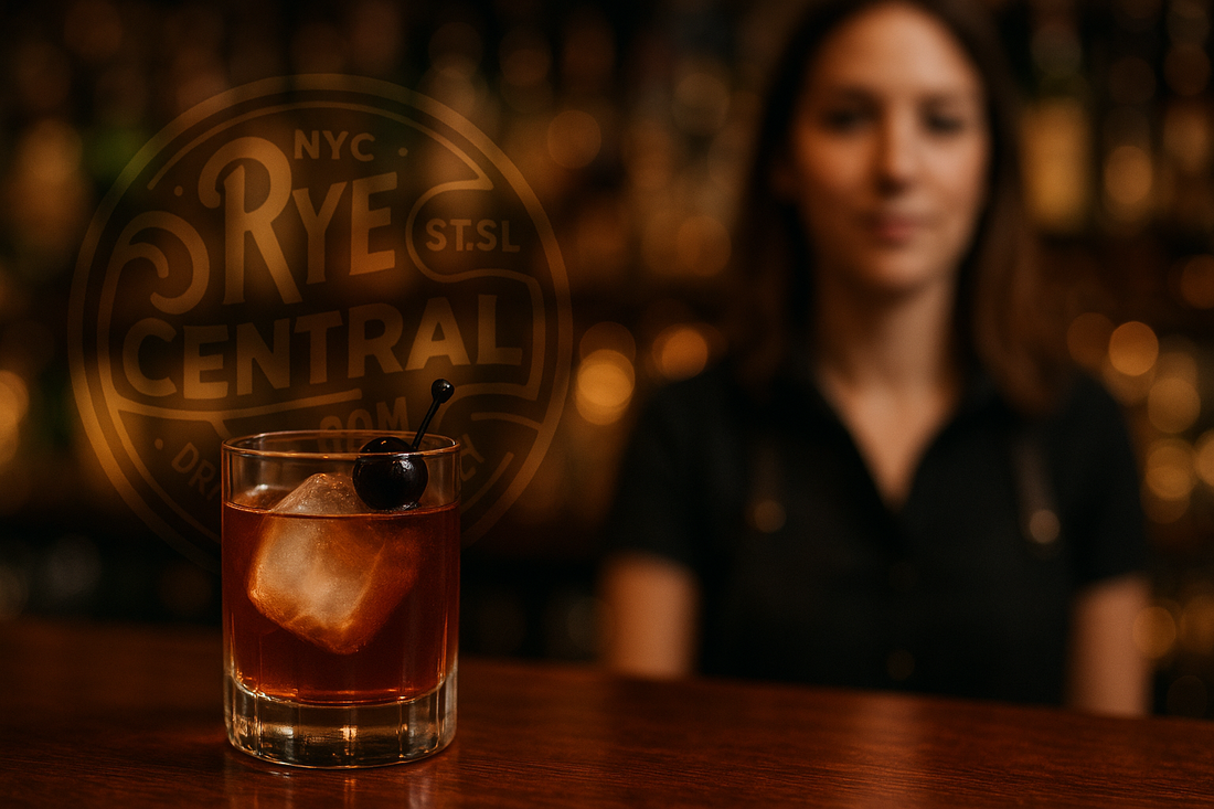 Toronto cocktail in rocks glass on table with bartender in background