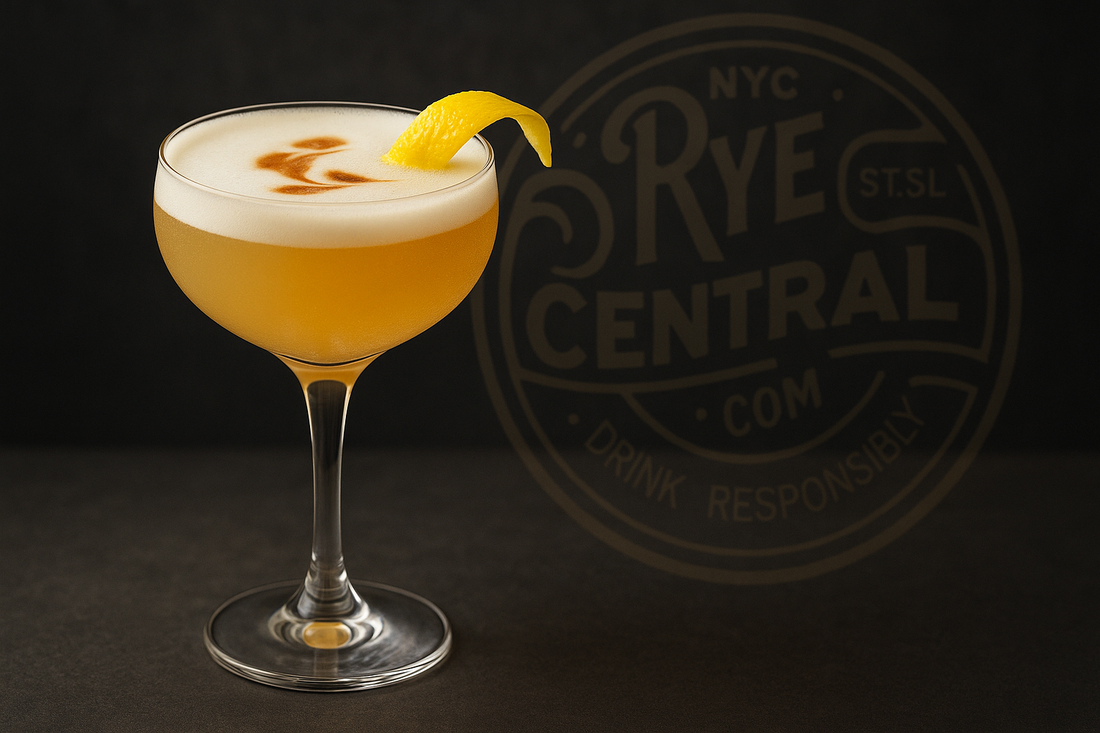 Rye Whiskey Sour Cocktail in Coup Glass and RyeCentral logo in background