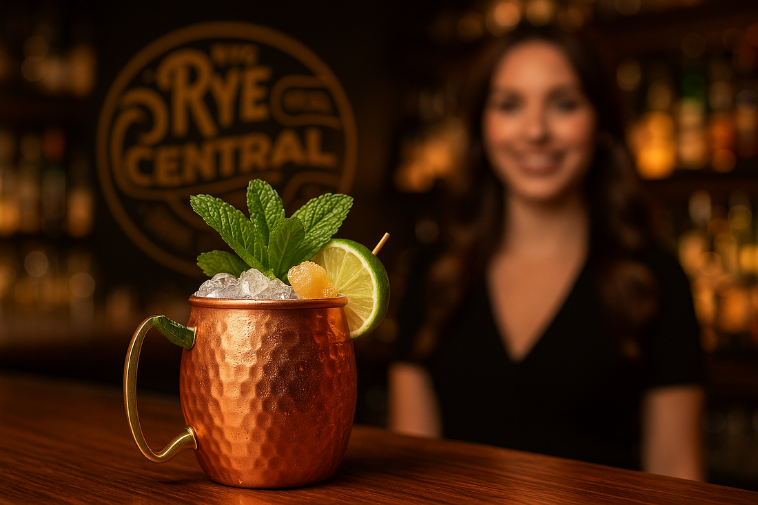 Rye Ginger Mule Cocktail on table with pretty bartender in background