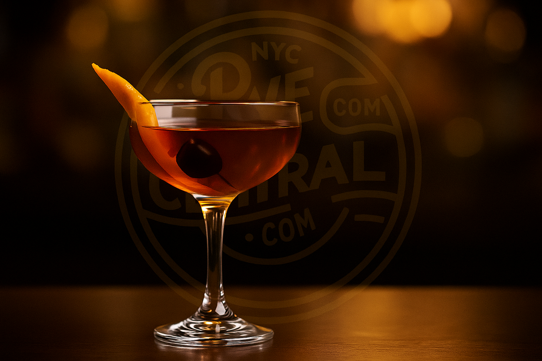 Manhattan rye whiskey cocktail on bar with RyeCentral logo in background