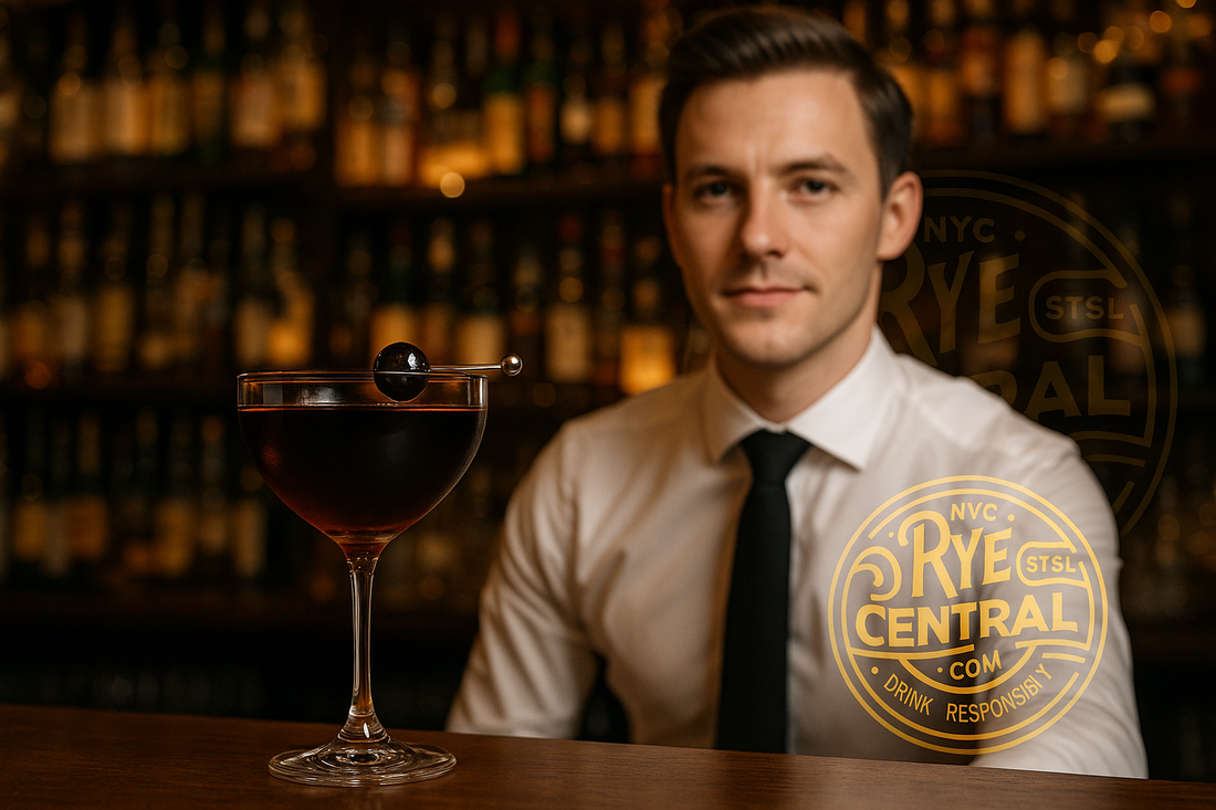 Black Manhattan Cocktail with Bartender & RyeCentral logo