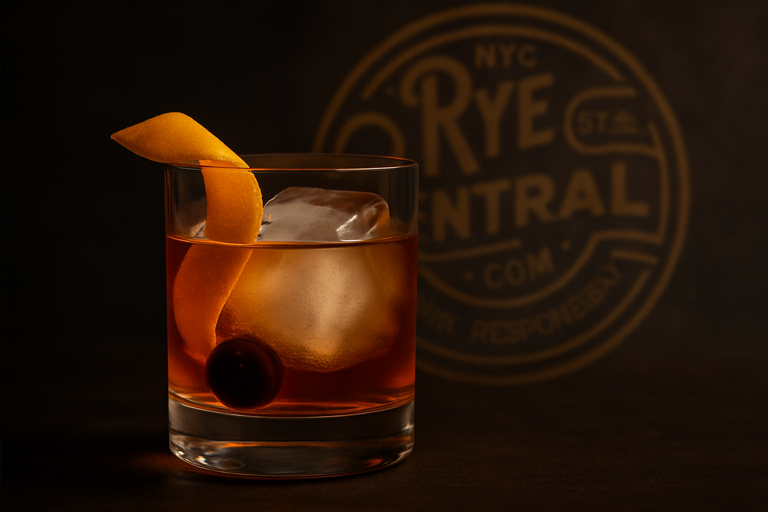 Old Fashioned Cocktail in Glass with RyeCentral logo behind