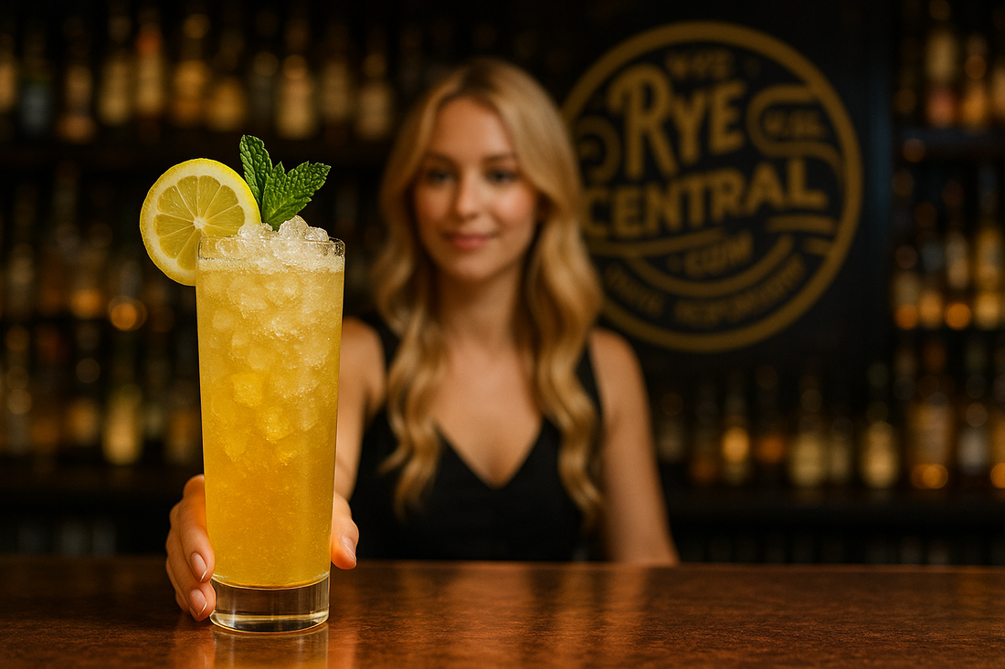 Bubbly Rye Fizz cocktail in tall glass and blonde girl serving