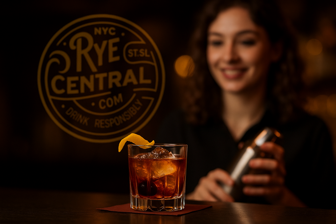 Vieux Carré cocktail in glass on table with woman behind holding cocktail shaker