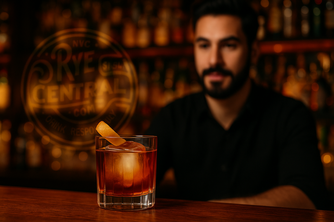 Man looking at Monte Carlo cocktail in glass on a table