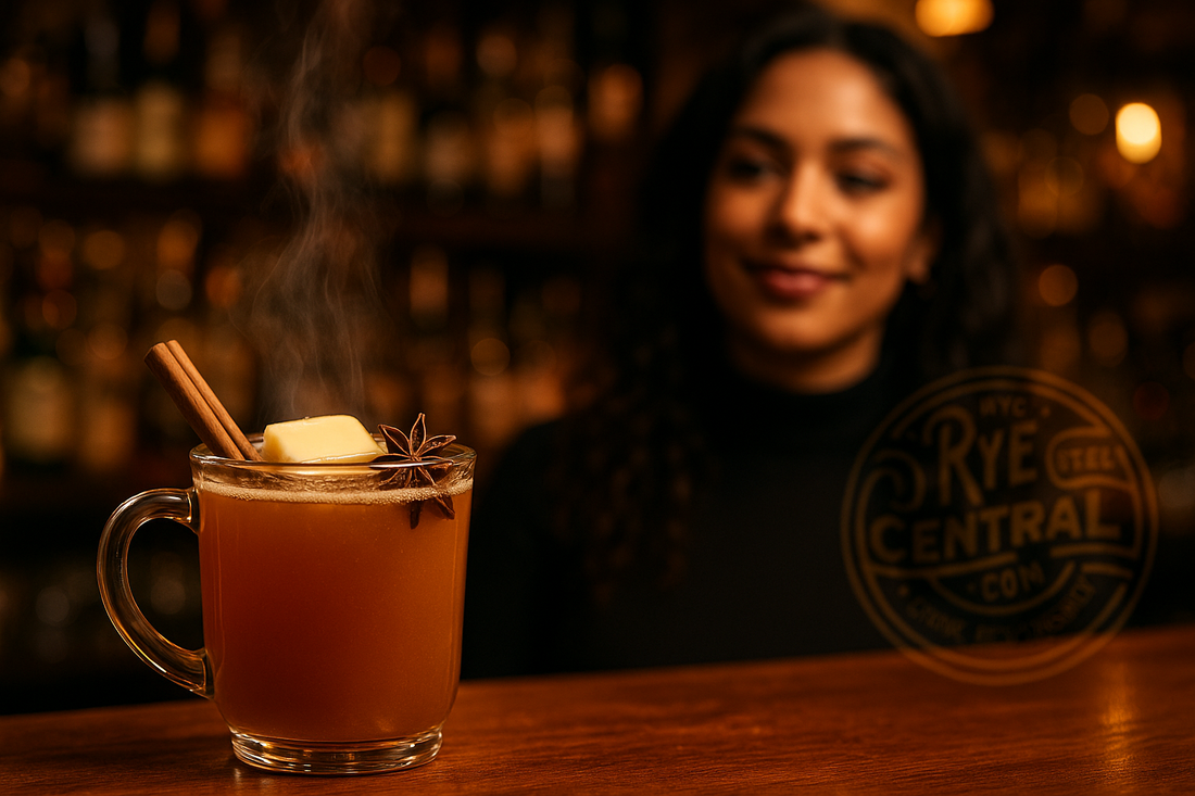 Hot Buttered Cocktail in glass and cinnamon sticks on table with woman behind
