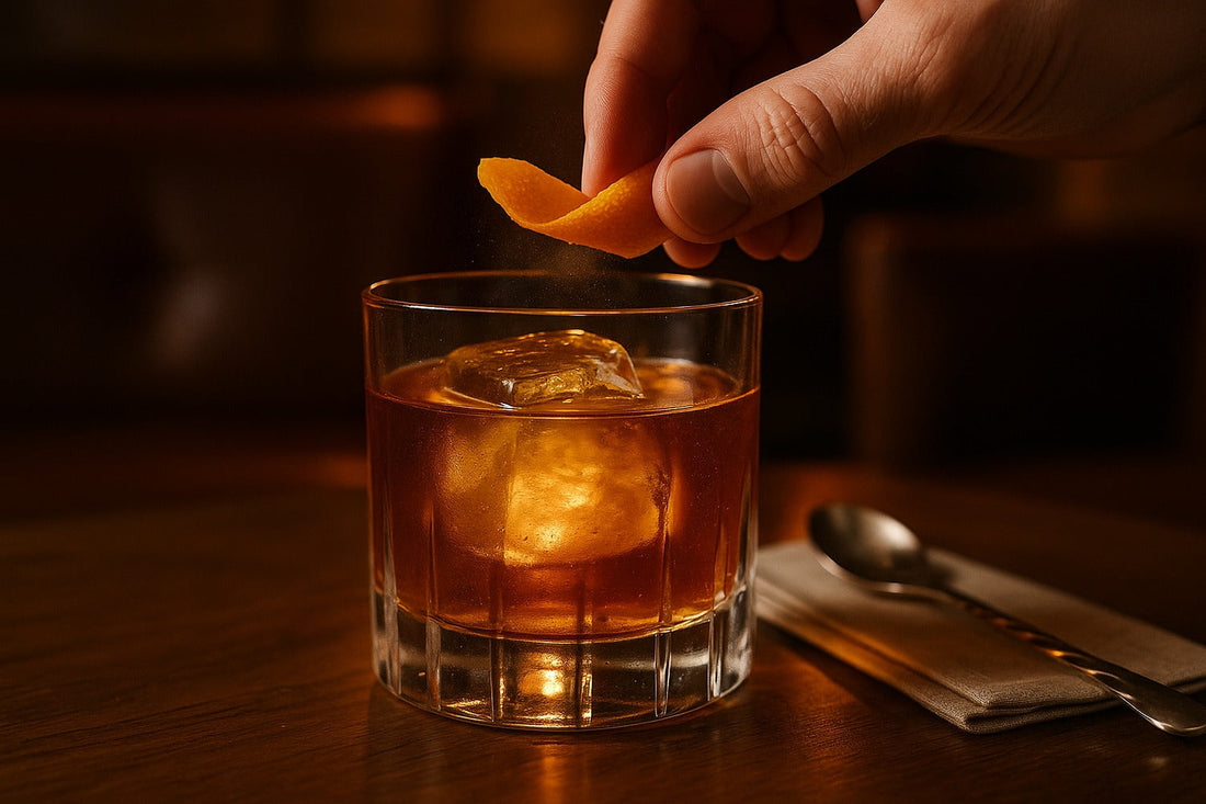Irish Whiskey Old Fashioned cocktail served in a rocks glass on a lounge, warm editorial lighting, with a hand visible in the composition