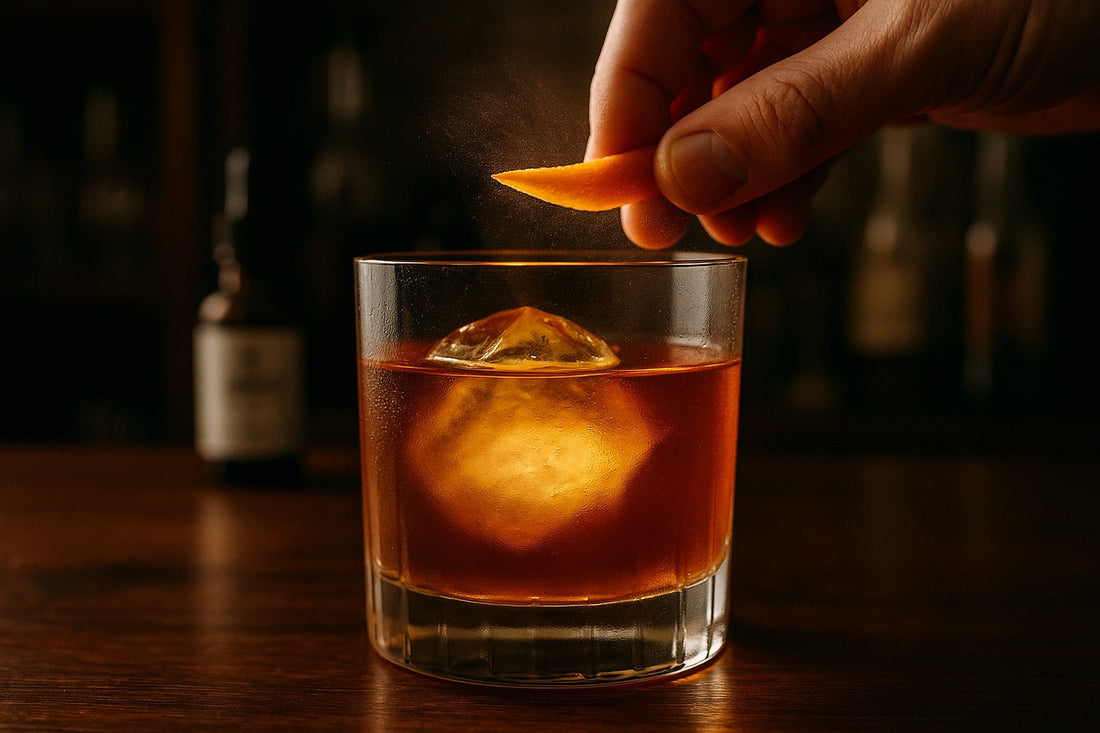 Japanese Whisky Old Fashioned cocktail served in a rocks glass on a home bar, warm editorial lighting, with a hand visible in the composition