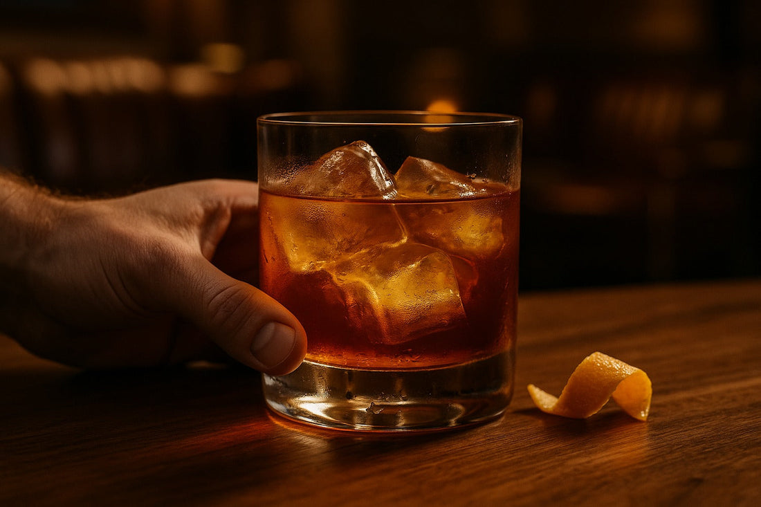 Kentucky Old Fashioned cocktail served in a rocks glass on a lounge, warm editorial lighting, with a hand visible in the composition