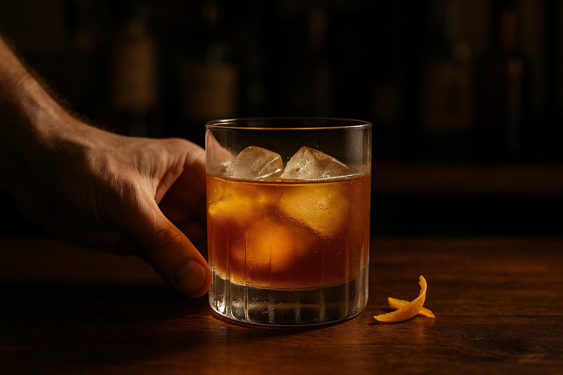 Keto Old Fashioned cocktail served in a rocks glass on a home bar, warm editorial lighting, with a hand visible in the composition
