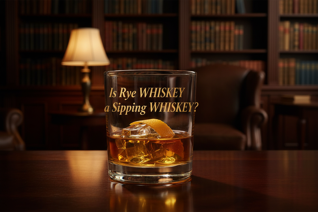 Glass of rye whiskey with ice on table with lamp and leather lounge chair in background