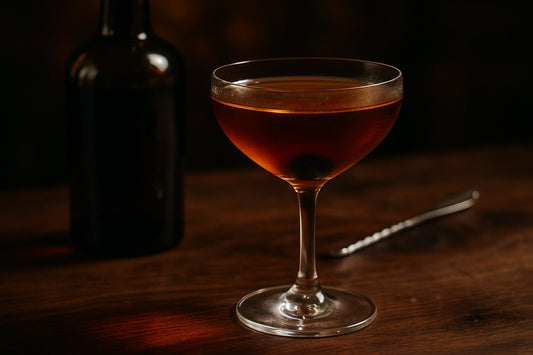 Classic rye whiskey Manhattan cocktail in a coupe glass with a brandied cherry on a walnut bar