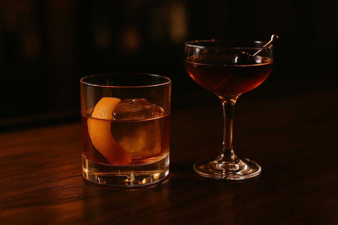 Old Fashioned in rocks glass beside Manhattan in coupe with brandied cherry — Manhattan vs Old Fashioned