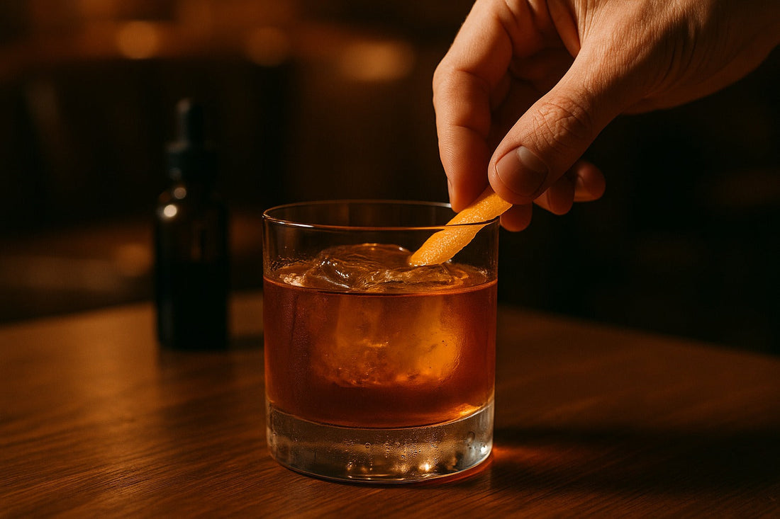 Maple Old Fashioned cocktail served in a rocks glass on a lounge, warm editorial lighting, with a hand visible in the composition