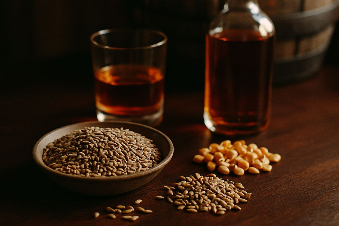 Rye, corn and malted barley grains beside a glass of rye whiskey illustrating a rye whiskey mash bill