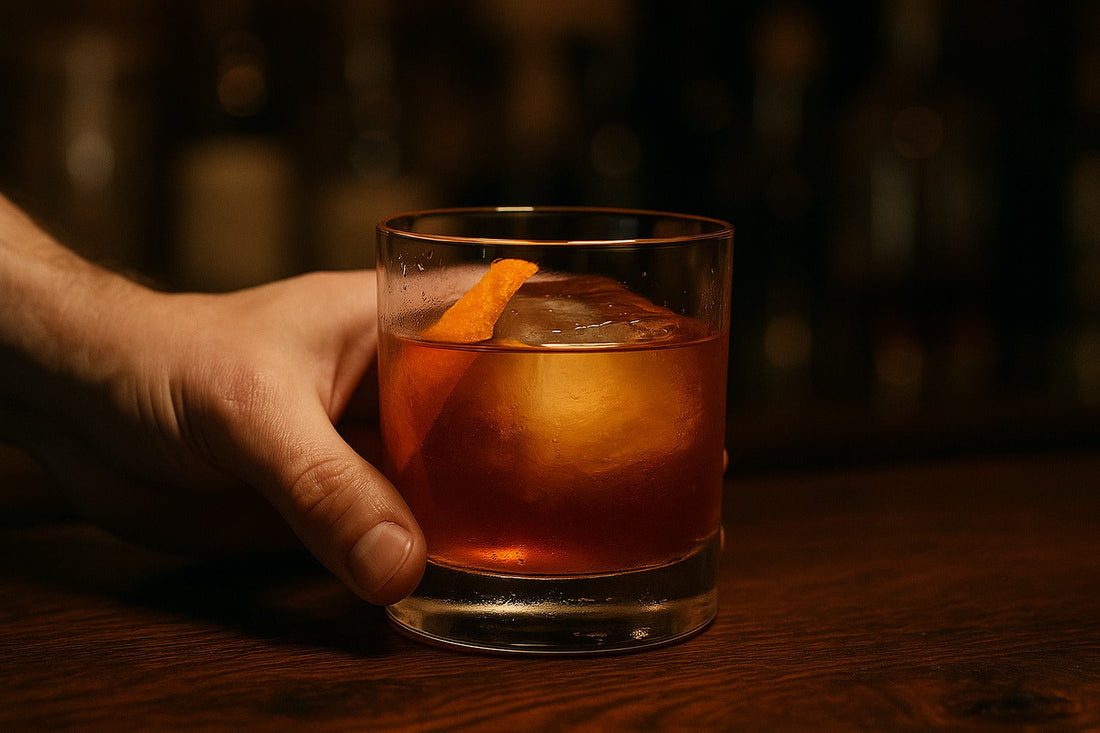 Mezcal Old Fashioned cocktail served in a rocks glass on a home bar, warm editorial lighting, with a hand visible in the composition