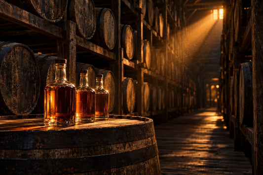 Unlabeled bottles of rye whiskey on a barrel head in a long dark rickhouse lit by a shaft of amber light