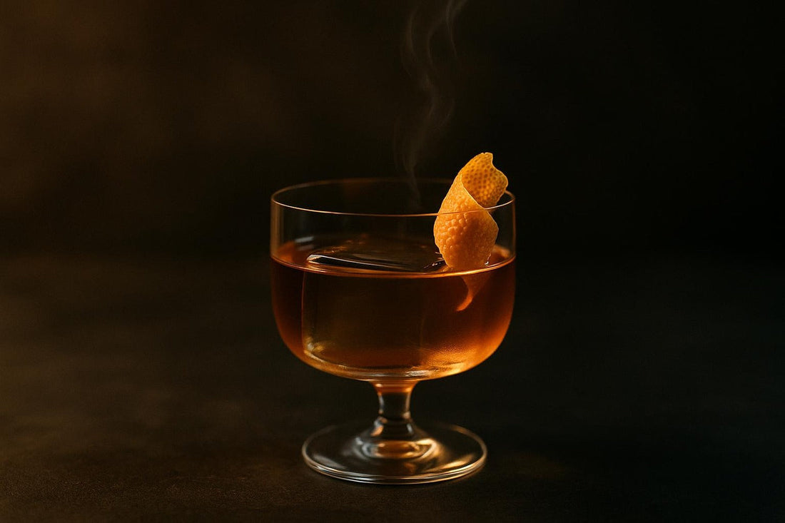 Modern minimalist Old Fashioned with square clear ice and citrus garnish — contemporary twists