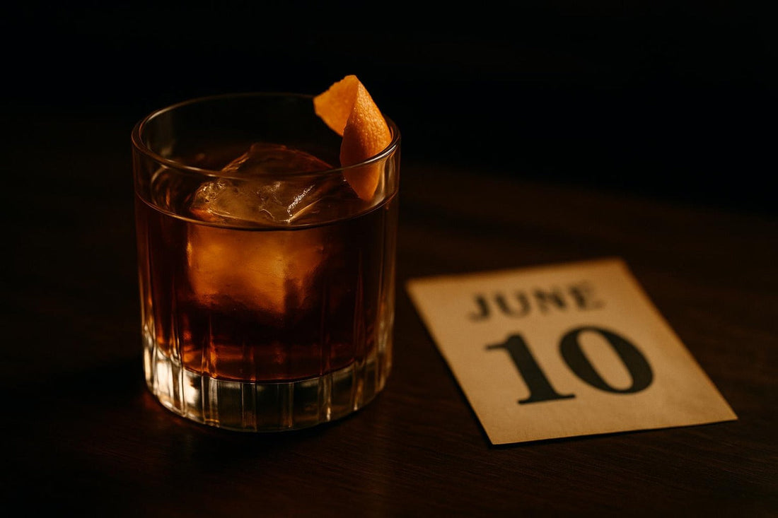 Rye Old Fashioned beside a vintage calendar showing June 10 — National Old Fashioned Day