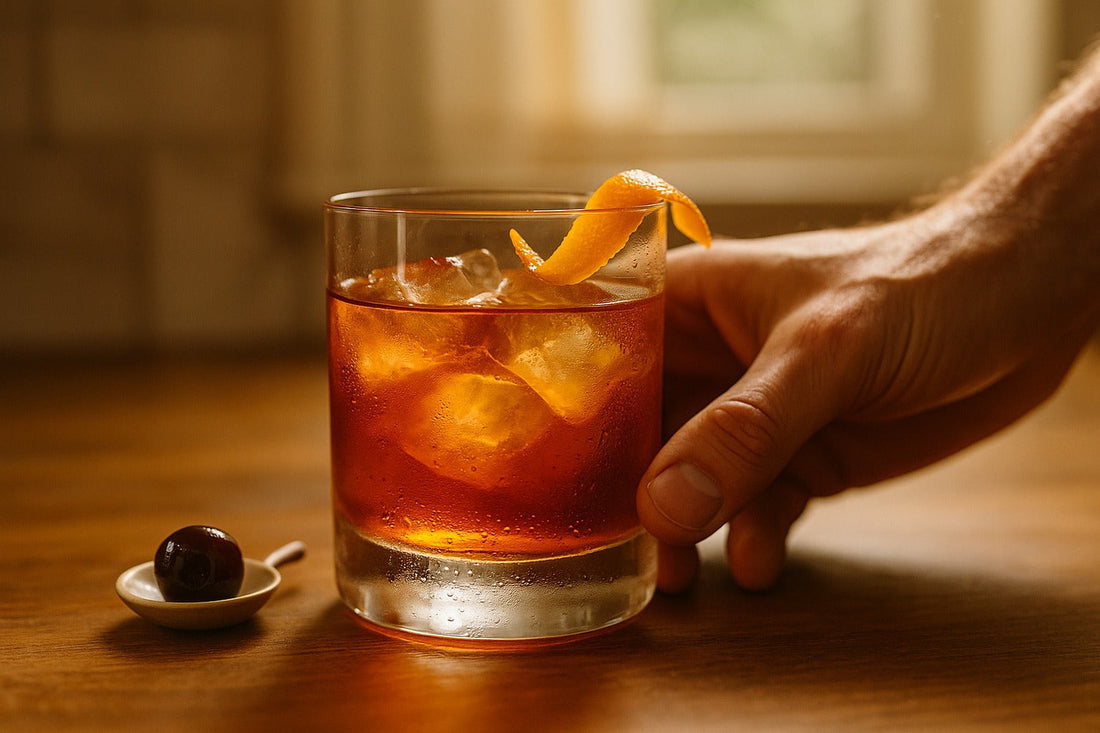 Non cocktail served in a rocks glass on a kitchen counter, warm editorial lighting, with a hand visible in the composition