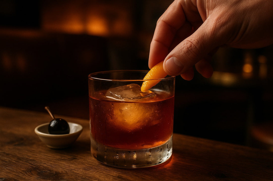 Oaxacan Old Fashioned cocktail served in a rocks glass on a lounge, warm editorial lighting, with a hand visible in the composition