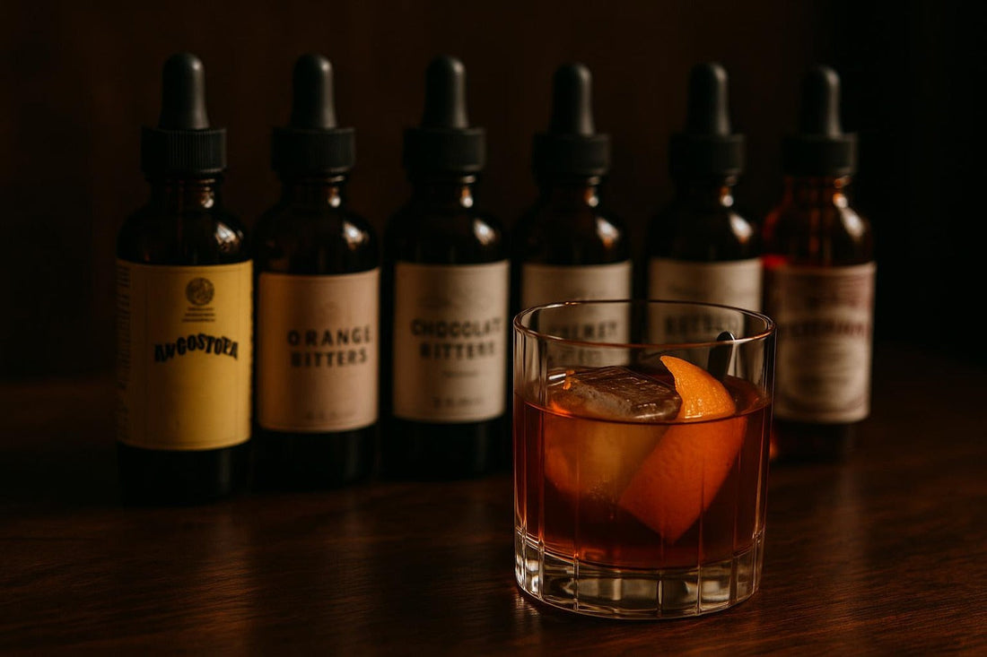 Five bitters bottles in a row behind an Old Fashioned — bitters guide for Old Fashioned