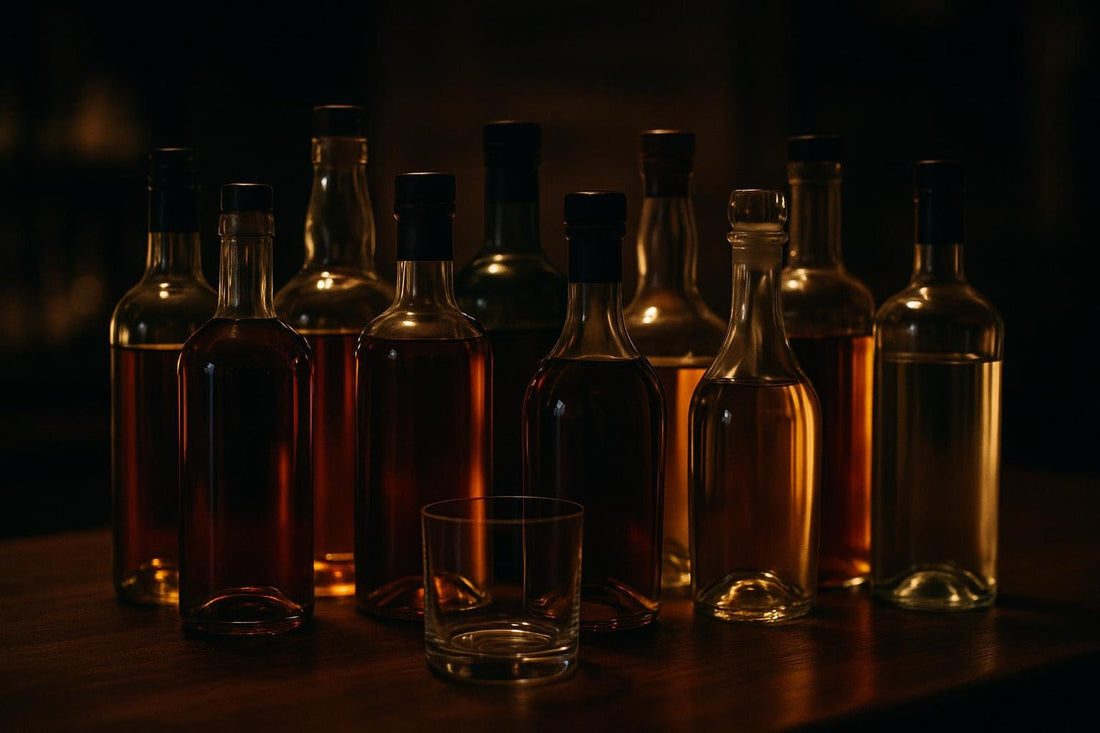 Ten spirit bottles arranged behind an Old Fashioned glass — guide to spirit variations