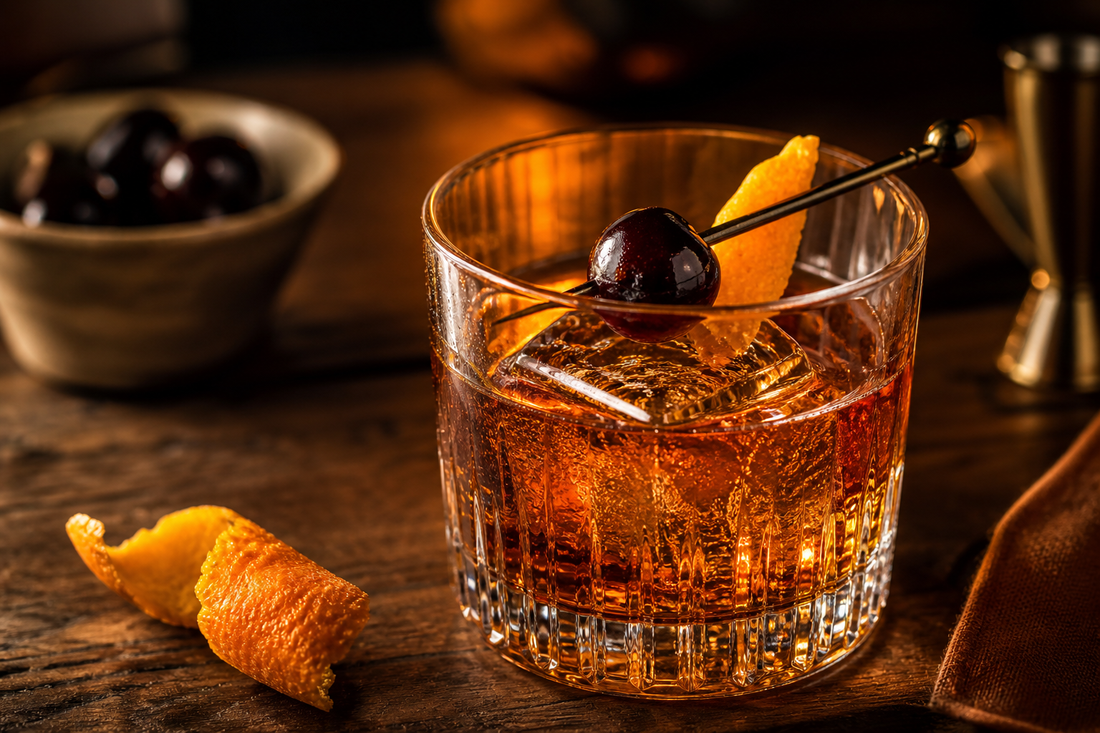 Old Fashioned cocktail with dark cocktail cherry and orange peel garnish on a warm home bar counter for a garnish guide