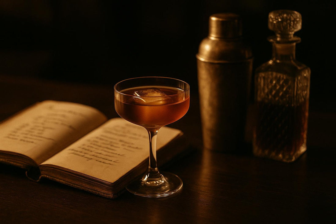 Vintage 1880s bar with an Old Fashioned cocktail and handwritten recipe book — history of the Old Fashioned