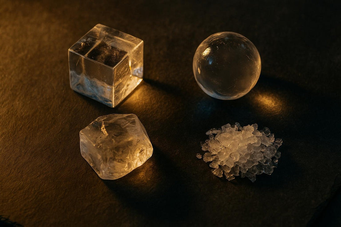 Four ice forms — clear cube, sphere, hand-cut rock, crushed — arranged on dark slate