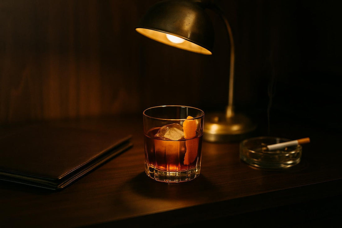 Old Fashioned on a 1960s executive desk with brass lamp — Old Fashioned in pop culture